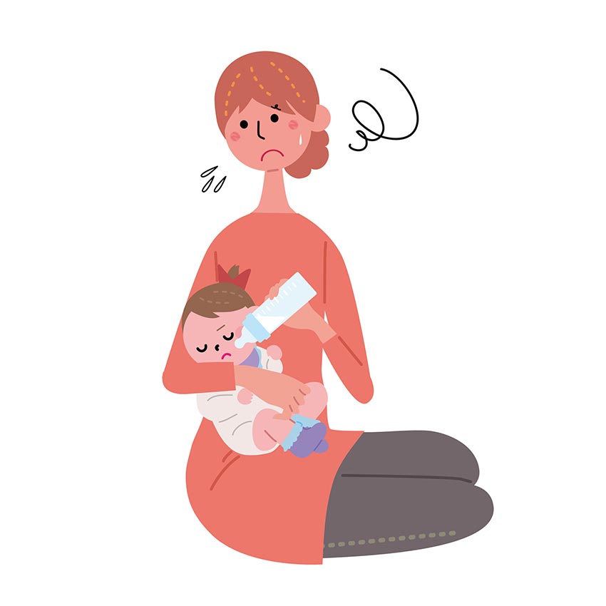 哺乳瓶での授乳を嫌がる赤ちゃんと困るママのイラスト