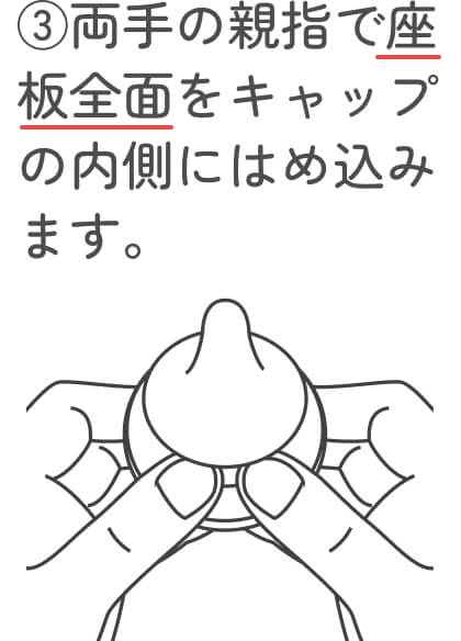 3:両手の親指で座板全面をキャップの内側にはめ込みます。