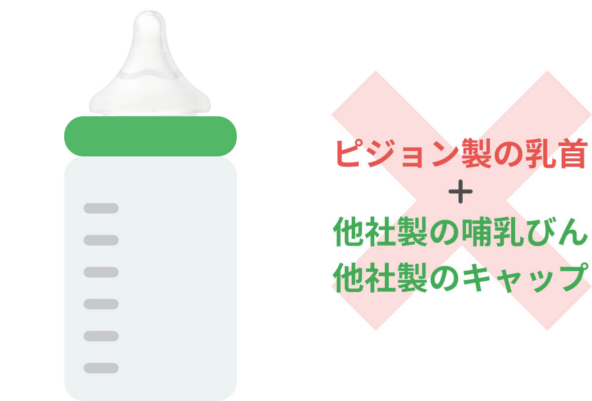 ピジョン製の乳首＋他社製品の哺乳びん、他社製のキャップ：×