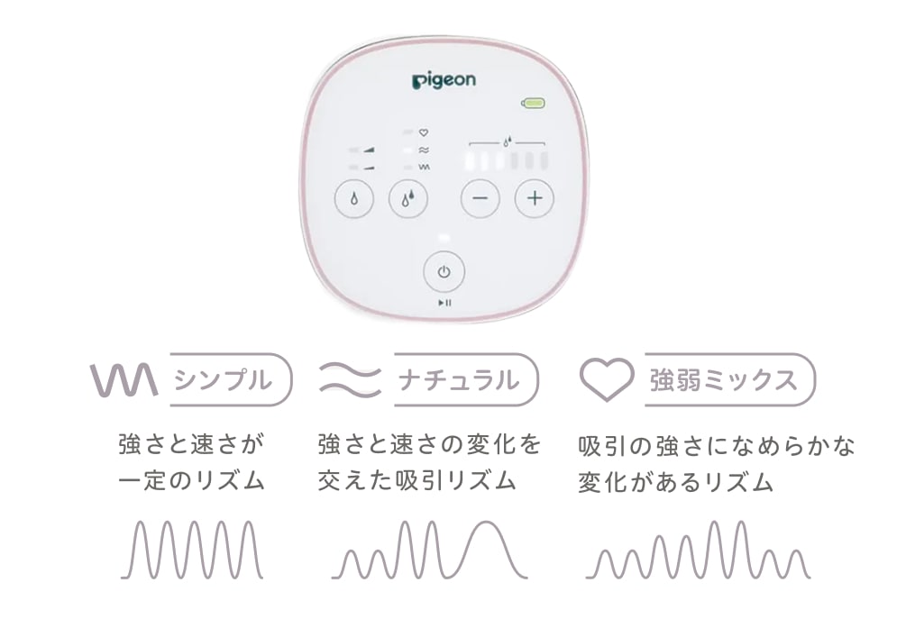 シンプル:強さと速さが一定のリズム、ナチュラル:強さと速さの変化を交えた吸引リズム、強弱ミックス:吸引の強さになめらかな変化があるリズム