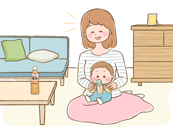 ママの膝で飲料を飲んでいる赤ちゃんのイラスト画像