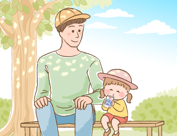 パパとお外で休憩しながら飲料を飲んでいるイラスト画像