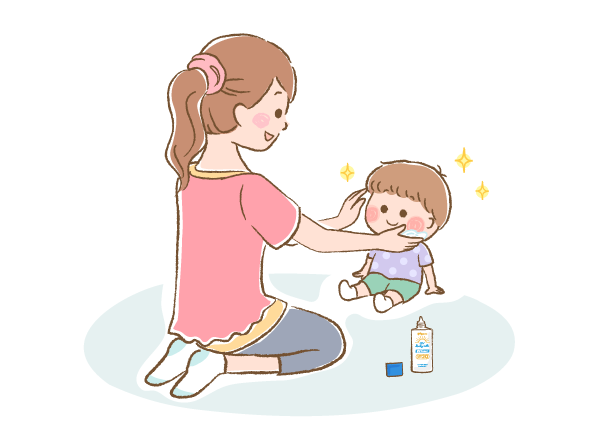 赤ちゃんにUVケアをしているママのイラスト画像