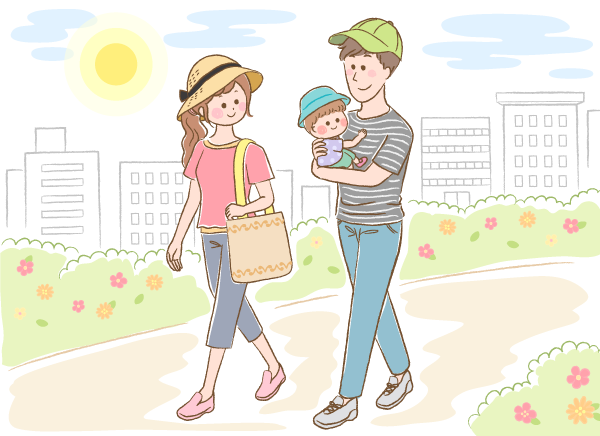 帽子を被ってパパ抱っこで3人でおでかけしているイラスト画像