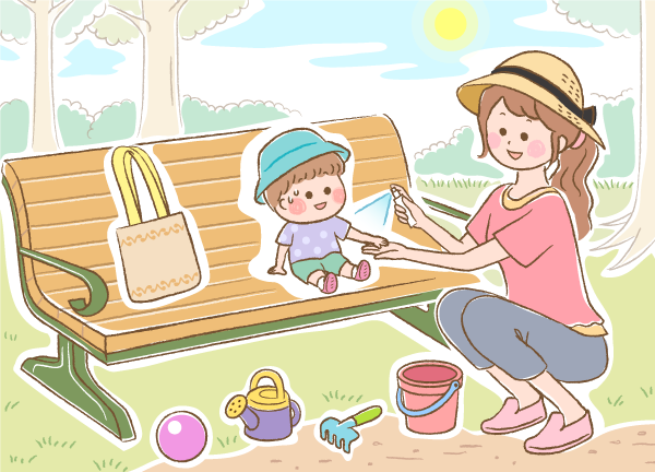 赤ちゃんにスプレーをしているママのイラスト画像