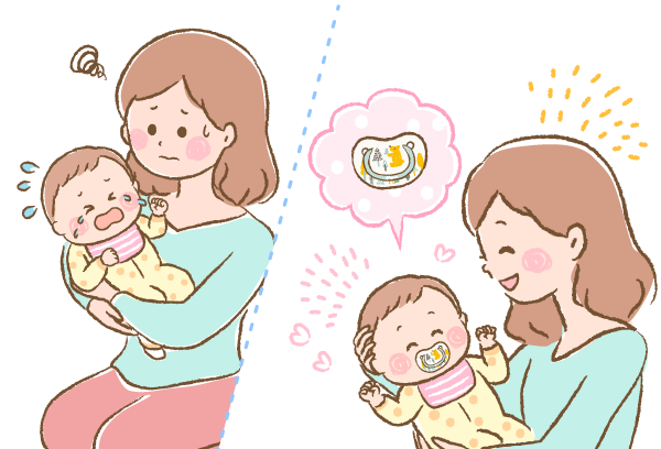 おしゃぶりをしてごきげんになった赤ちゃんとママのイラスト画像