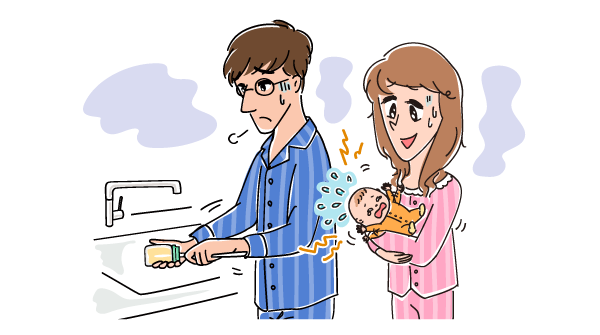 泣いている赤ちゃんをあやしているママと哺乳びんを洗っているパパのイラスト画像