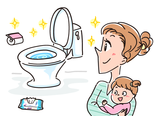 キラキラなトイレとトイレに流せるおしりふきのイラスト画像