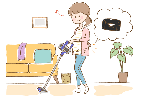 骨盤ベルトをして掃除をしているママのイラスト画像