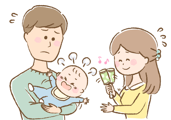 泣いている赤ちゃんをあやしているママとパパのイラスト画像