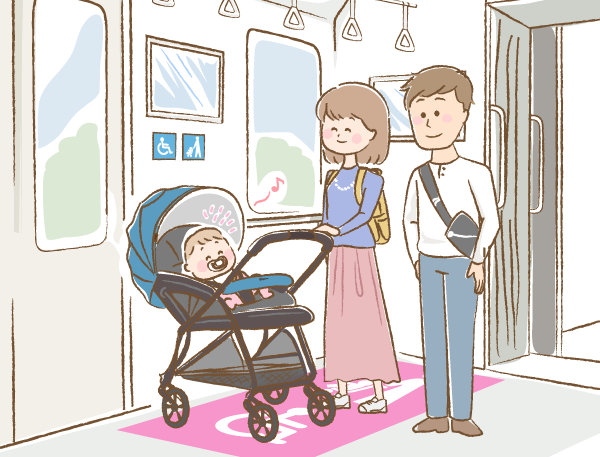電車の中でおしゃぶりをしてごきげんな赤ちゃん