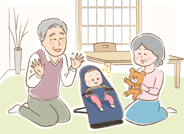 笑顔の祖父母の間にごきげんな様子でバウンサーに座っている赤ちゃんのイラスト画像