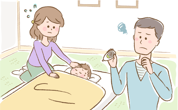 体調を崩している赤ちゃんと体温計を持っているパパのイラスト画像