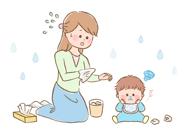 鼻水が出ている赤ちゃんと困っているママのイラスト画像