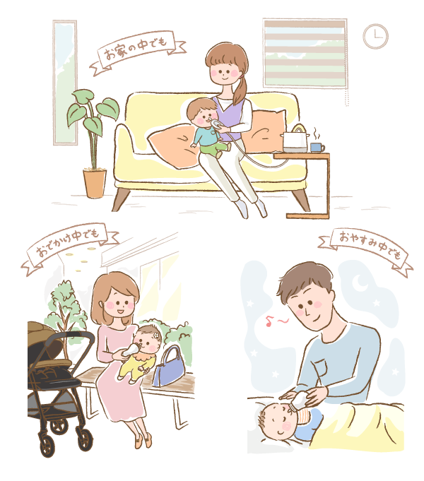 色々な場所で鼻吸い器を使っているイラスト画像