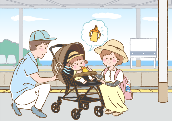 パパママとベビーカー赤ちゃんのイラスト画像