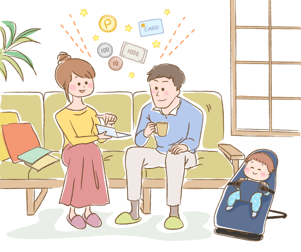 節約について話し合っているパパとママのイラスト画像