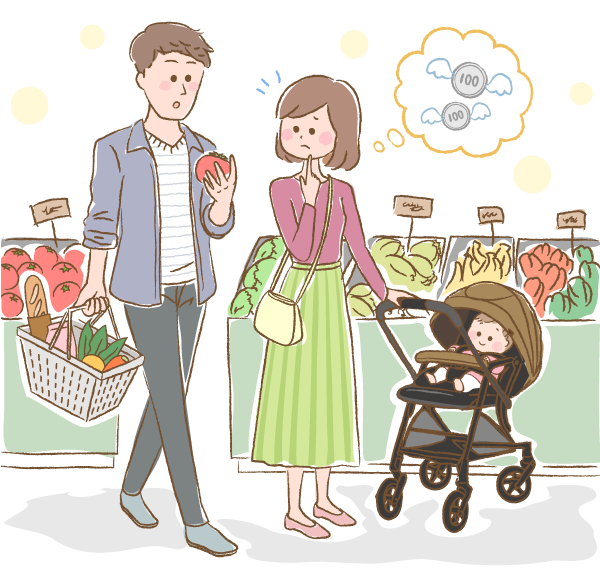 お買い物中のパパとママと赤ちゃんのイラスト画像