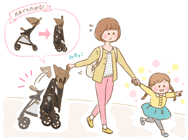 片手でベビーカーをたたんでいるママと子どものイラスト画像