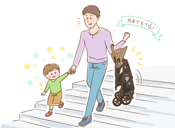 片手でベビーカーを持っているパパと子どものイラスト画像