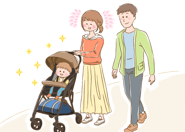B形ベビーカーを押しているママとパパのイラスト画像