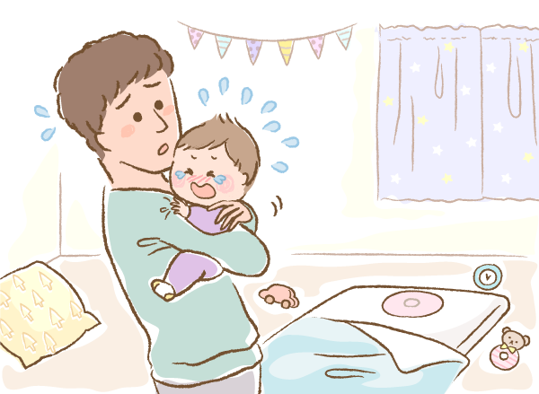 ないている赤ちゃんとパパのイラスト