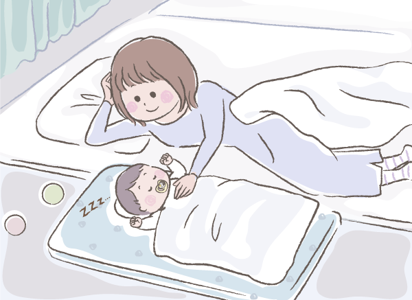 眠っている赤ちゃんとママのイラスト