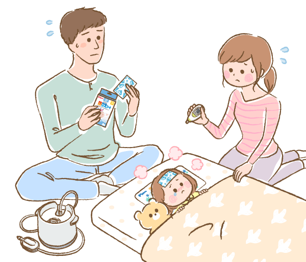 体調を崩している赤ちゃんと心配しているパパとママのイラスト