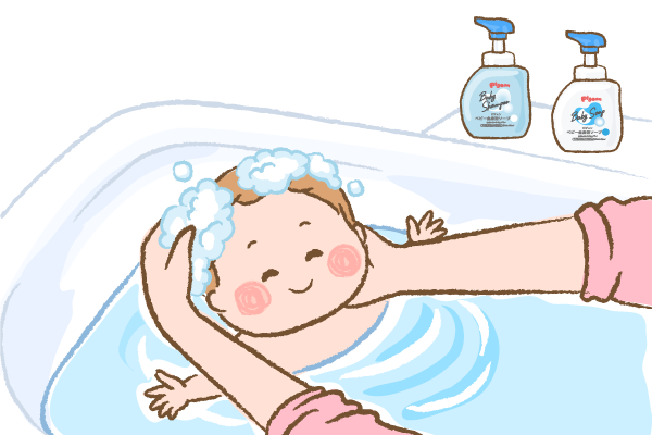 お風呂で赤ちゃんの頭を洗っているイラスト画像