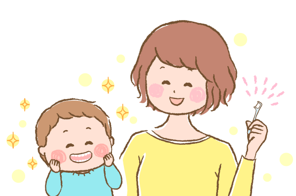 笑顔でデンタルフロスを手に持っているママと赤ちゃんのイラスト画像