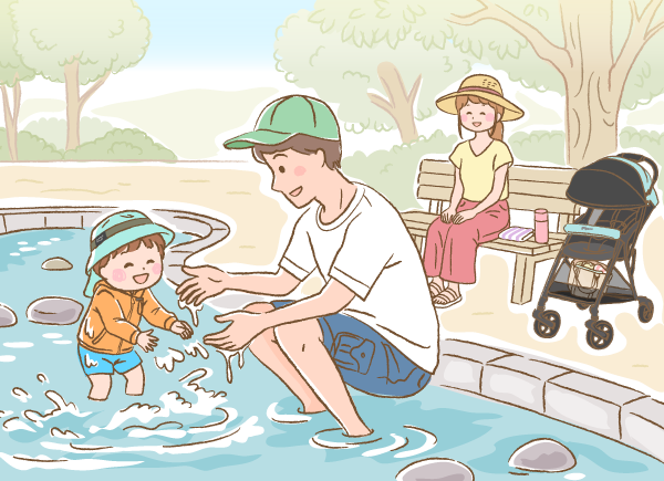 水遊びをしている子どもとパパのイラスト画像