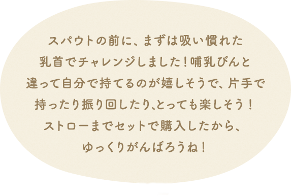 スパウトの前に、まずは吸い慣れた乳首でチャレンジしました!哺乳びんと違って自分で持てるのが嬉しそうで、片手で持ったり振り回したり、とっても楽しそう!ストローまでセットで購入したから、ゆっくりがんばろうね!