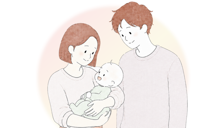 赤ちゃんを抱いて見つめ合う家族のイラスト