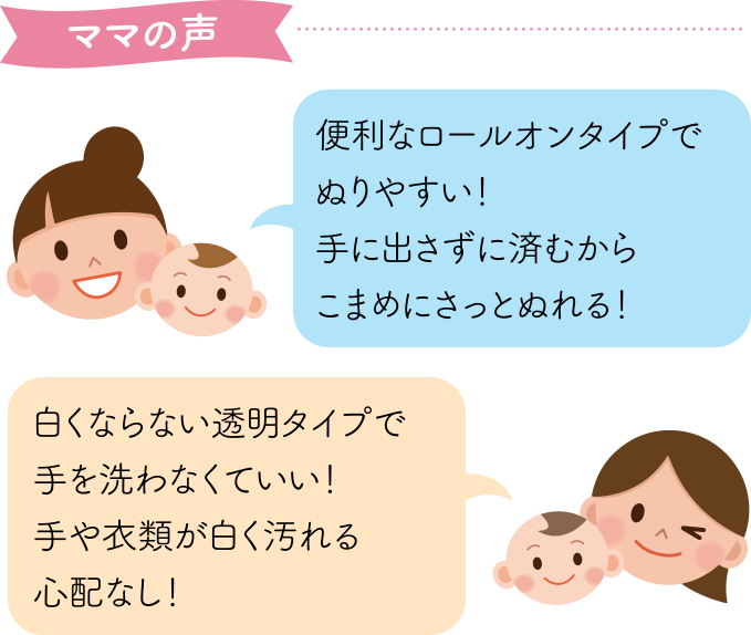 ママの声 便利なロールオンタイプでぬりやすい!手に出さずに済むからこまめにさっとぬれる! 白くならない透明タイプで手を洗わなくていい!手や衣類が白く汚れる心配なし!