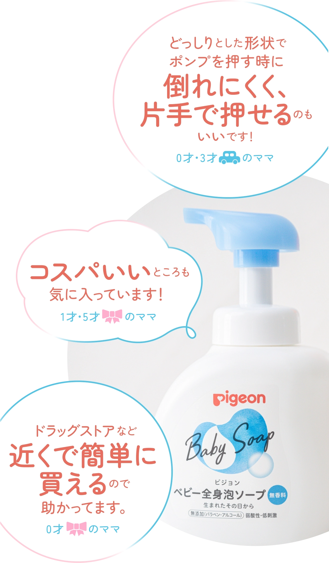 どっしりとした形状でポンプを押す時に倒れにくく、片手で押せるのもいいです！0才・3才（男の子）のママ,コスパいいところも気に入っています！1才・5才（女の子）のママ,ドラッグストアなど近くで簡単に買えるので助かってます。0才（女の子）のママ
