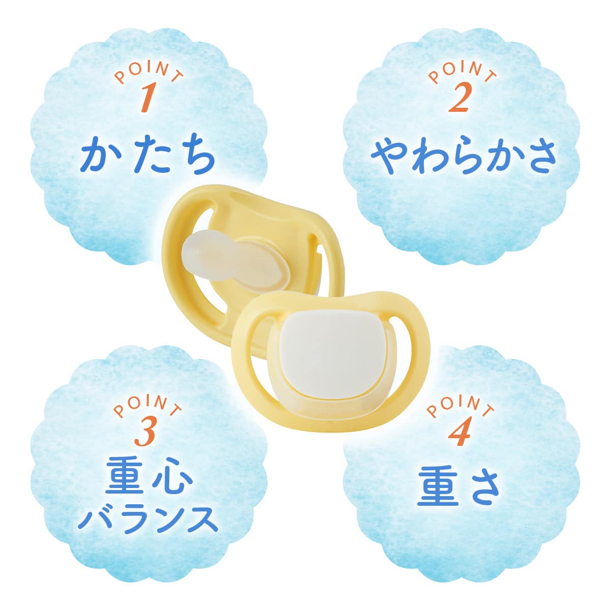 POINT1:かたち POINT2:やわらかさ POINT3:重心バランス POINT4:重さ