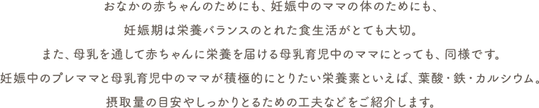 おなかの赤ちゃんのためにも、妊娠中のママの体のためにも、妊娠期は栄養バランスのとれた食生活がとても大切。また、母乳を通して赤ちゃんに栄養を届ける母乳育児中のママにとっても、同様です。妊娠中のプレママと母乳育児中のママが積極的にとりたい栄養素といえば、葉酸・鉄・カルシウム。摂取量の目安やしっかりとるための工夫などをご紹介します。