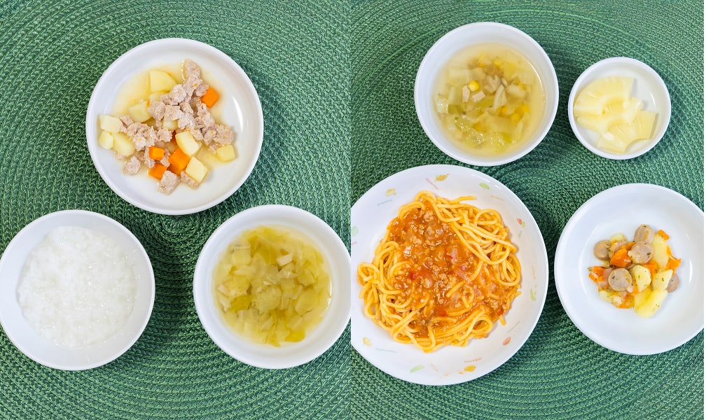 給食の献立は年齢に合わせて考案。写真左は離乳食、右は幼児食。