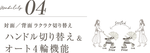 04対面／背面ラクラク切り替えハンドル切り替え＆オート4輪機能