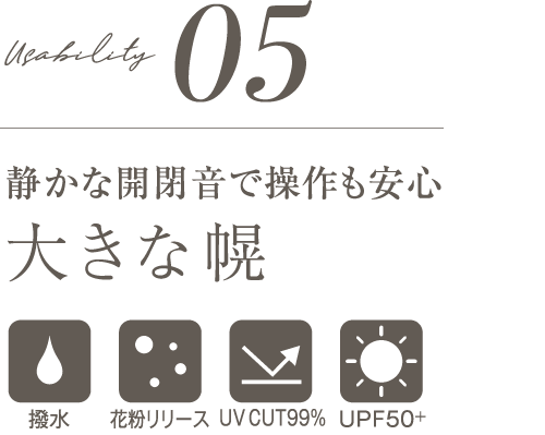 05静かな開閉音で操作も安心大きな幌 撥水 花粉リリース UVCUT99% UPF50+